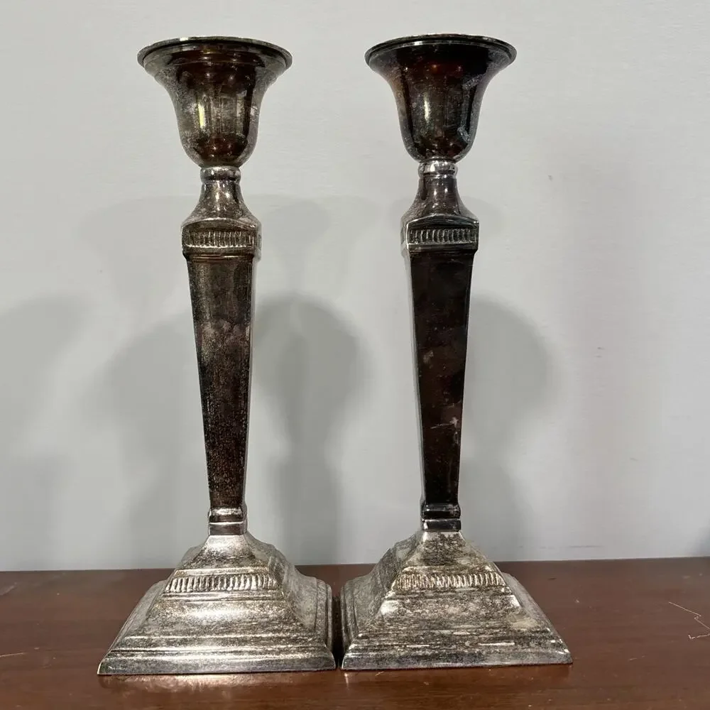 POTTERY BARN Maxfield Hotel Vintage Silver Plated Candle Holders 9.5”